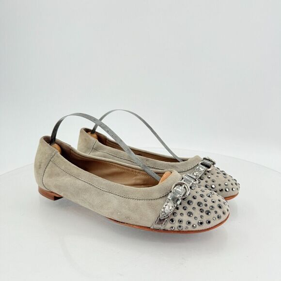 AGL Italy Monika Ballet Flat Size 36.5 6.5 beige silver studded Leather Comfy - Picture 2 of 14